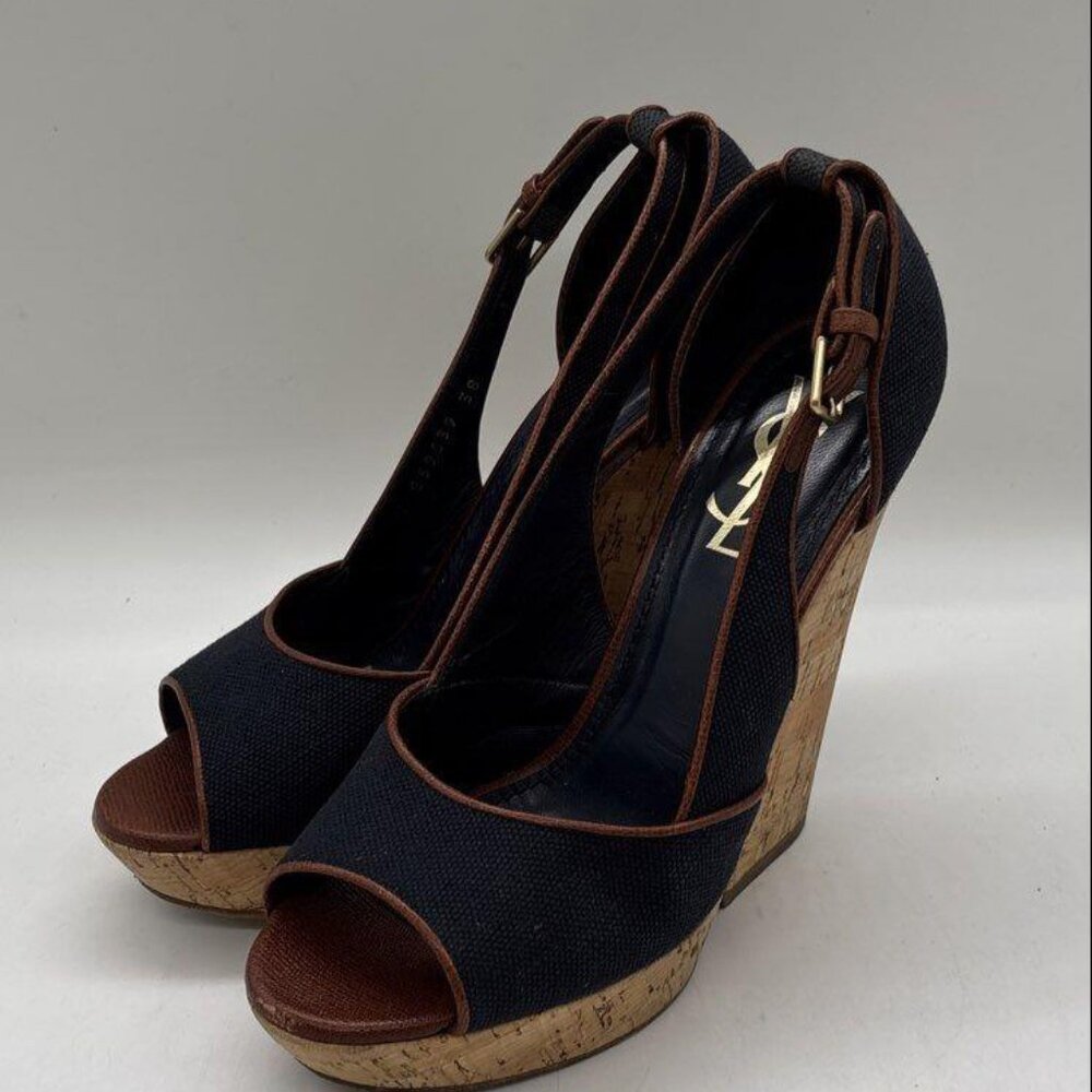 YSL Yves Saint Laurent Deauville 105 Canvas Cork Platform Wedge Sandals - Picture 4 of 9